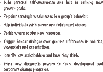 Build personal self-awareness and help in defining new growth goals.
Pinpoint strategic weaknesses in a group's behavior.

Help individuals with career and retirement choices.
Decide where to aim new resources.

Trigger honest dialogue over genuine differences in abilities, viewpoints and expectations.

Identify key stakeholders and how they think.

Bring new diagnostic powers to team development and corporate change programs.