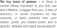 The key issues of purpose - is there a central theme important to you that can last a lifetime, is bigger than you, is free of reaction, is never mistaken for the outcome, is more powerful than your values, points you toward action and is specific, detailed and highly personalized?