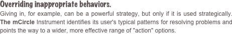 Overriding inappropriate behaviors.
Giving in, for example, can be a powerful strategy, but only if it is used strategically. The mCircle Instrument identifies its user's typical patterns for resolving problems and points the way to a wider, more effective range of "action" options.