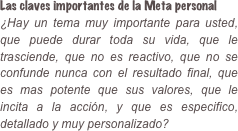 Las claves importantes de la Meta personal ¿Hay un tema muy importante para usted, que puede durar toda su vida, que le trasciende, que no es reactivo, que no se confunde nunca con el resultado final, que es mas potente que sus valores, que le incita a la acción, y que es especifico, detallado y muy personalizado?