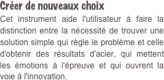 Créer de nouveaux choix  Cet instrument aide l'utilisateur à faire la distinction entre la nécessité de trouver une solution simple qui règle le problème et celle d'obtenir des résultats d'acier, qui mettent les émotions à l'épreuve et qui ouvrent la voie à l'innovation. 