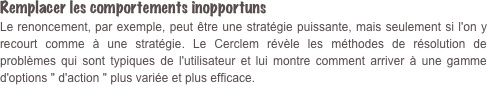 Remplacer les comportements inopportuns  Le renoncement, par exemple, peut être une stratégie puissante, mais seulement si l'on y recourt comme à une stratégie. Le Cerclem révèle les méthodes de résolution de problèmes qui sont typiques de l'utilisateur et lui montre comment arriver à une gamme d'options " d'action " plus variée et plus efficace.