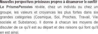 Nouvelles perspectives précieuses propres à désamorcer le conflitLe PrismePensée6 révèle, chez un individu ou chez un groupe, les valeurs et croyances les plus fortes dans six grandes catégories (Cosmique, Soi, Proches, Travail, Vie sociale et Substance). Il donne à chacun les moyens de discuter de ce qu'il est au départ et des raisons qui font qu'il en est ainsi.