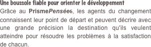 Une boussole fiable pour orienter le développement Grâce au PrismePensée6, les agents du changement connaissent leur point de départ et peuvent décrire avec une grande précision la destination qu'ils veulent atteindre pour résoudre les problèmes à la satisfaction de chacun.