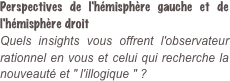 Perspectives de l'hémisphère gauche et de l'hémisphère droit  Quels insights vous offrent l'observateur rationnel en vous et celui qui recherche la nouveauté et " l'illogique " ?